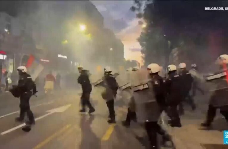 Protesters clash with police after an anti-government rally in Serbia’s capital